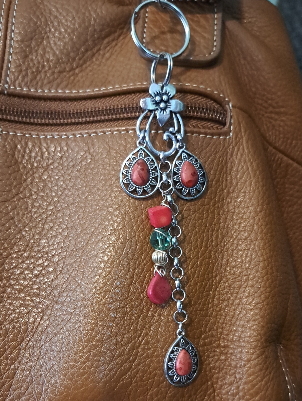 Hand Crafted Silver-Tone Coral and Green Beaded Bag Charm